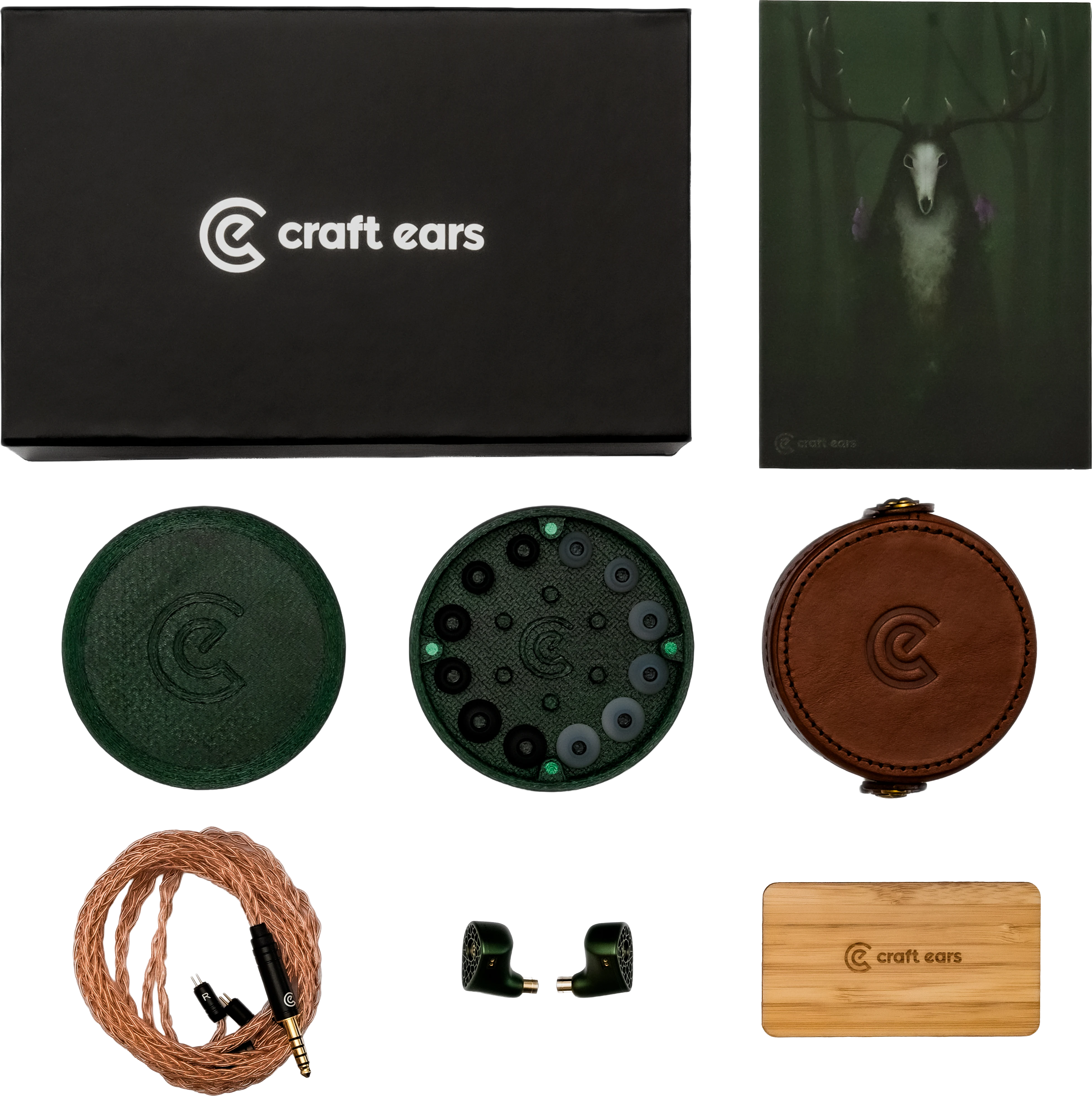 Everything in the Leszy box: product box, illustrated letter, eartip box, leather case, cable, in-ear monitors and wooden warranty card